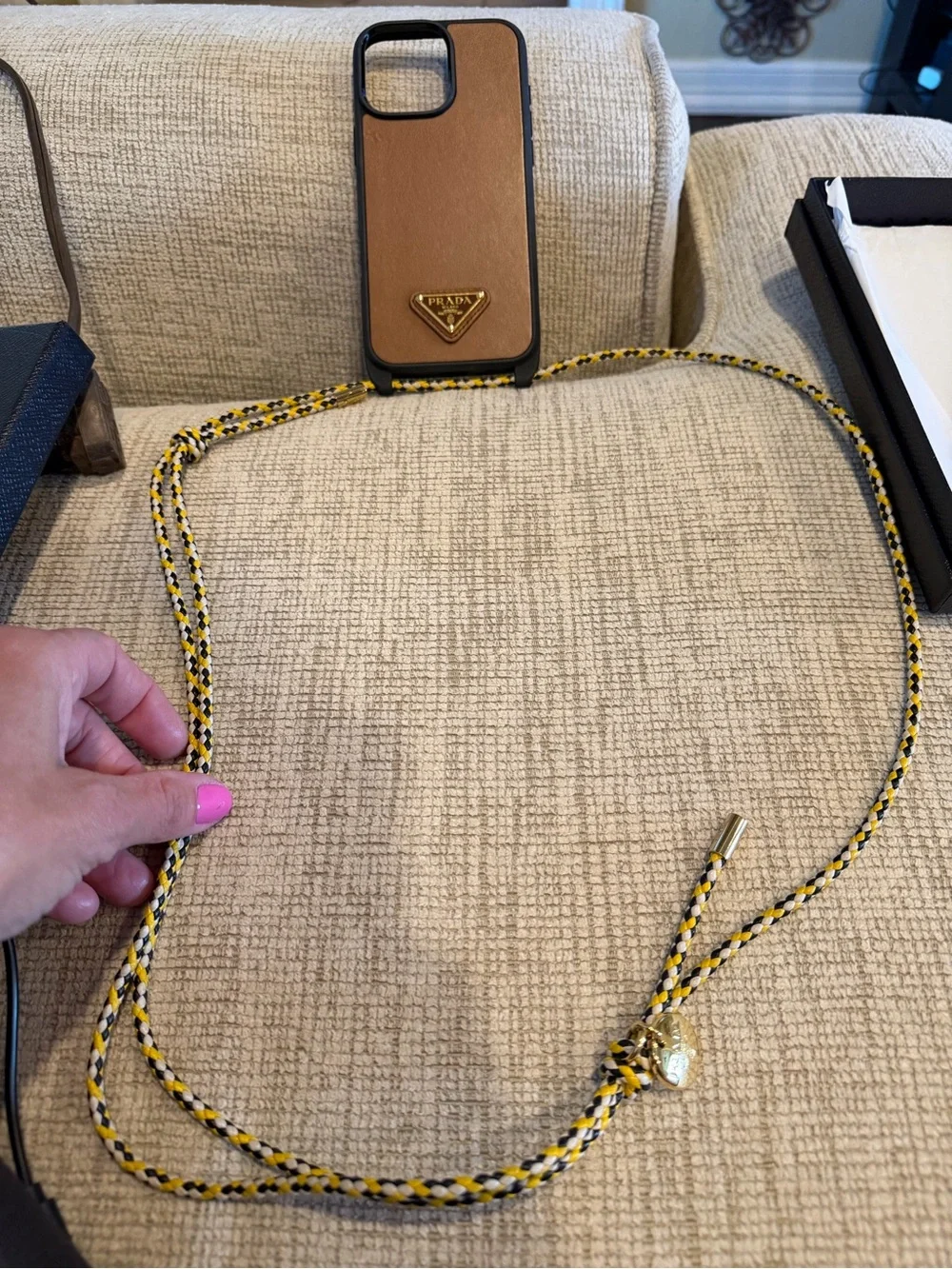 Prada Tan Brown Leather Phone Case with Black Trim and Braided Lanyard